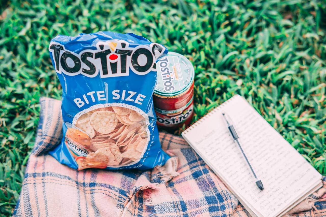 Casual picnic setup with Tostitos chips and salsa on blanket outdoors.
